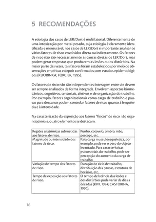 16
5 RECOMENDAÇÕES
A etiologia dos casos de LER/Dort é multifatorial. Diferentemente de
uma intoxicação por metal pesado, cuja etiologia é claramente iden-
tificada e mensurável, nos casos de LER/Dort é importante analisar os
vários fatores de risco envolvidos direta ou indiretamente. Os fatores
de risco não são necessariamente as causas diretas de LER/Dort, mas
podem gerar respostas que produzem as lesões ou os distúrbios. Na
maior parte das vezes, tais fatores foram estabelecidos por meio de ob-
servações empíricas e depois confirmados com estudos epidemiológi-
cos (KUORINKA; FORCIER, 1995).
Os fatores de risco não são independentes: interagem entre si e devem
ser sempre analisados de forma integrada. Envolvem aspectos biome-
cânicos, cognitivos, sensoriais, afetivos e de organização do trabalho.
Por exemplo, fatores organizacionais como carga de trabalho e pau-
sas para descanso podem controlar fatores de risco quanto à frequên-
cia e à intensidade.
Na caracterização da exposição aos fatores “físicos” de risco não orga-
nizacionais, quatro elementos se destacam:
Regiões anatômicas submetidas
aos fatores de risco.
Punho, cotovelo, ombro, mão,
pescoço, etc.
Magnitude ou intensidade dos
fatores de risco.
Para carga musculoesqueletica, por
exemplo, pode ser o peso do objeto
levantado. Para características
psicossociais do trabalho, pode ser
percepção do aumento da carga de
trabalho.
Variação de tempo dos fatores
de risco.
Duração do ciclo de trabalho,
distribuição das pausas, estrutura de
horários, etc.
Tempo de exposição aos fatores
de risco.
O tempo de latência das lesões e
dos distúrbios pode variar de dias a
décadas (KIVI, 1984; CASTORINA,
1990).
 