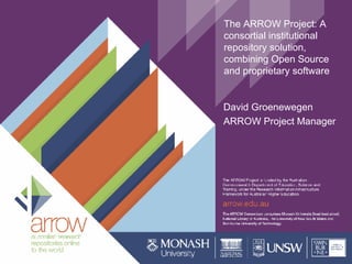 The ARROW Project: A consortial institutional repository solution, combining Open Source and proprietary software  David Groenewegen ARROW Project Manager 