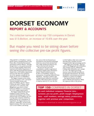 DORSET ECONOMY Report & Accounts presented by
“They fell 86% to £72million,” reports
David l’Anson, managing partner at the
Poole office of chartered accountants
and business advisers Mazars. “Actually,
though, there’s a very good reason why
you can remain standing. Fitness First
reported a £451million impairment of
assets, while Bournemouth International
Airport have a £38.5million impairment,
and if we take those two companies
out of the equation, actually pre-tax
profits rose by 32% to £786million.”
The biggest company in the county,
in terms of turnover, is LV – Liverpool
Victoria Friendly Society, with
sales of £2.2billion, up 27%. Next is
Cobham plc with £1.7billion, which
represents a 5.7% reduction, with
Meggitt plc much closer on their
heels at £1.6billion as a consequence
of a 10.3% topline improvement.
The biggest independently-owned
company is Lush Cosmetics. The
cosmetics manufacturer and retailer
achieved sales of £272million, up 3.8%.
Leaving aside companies which have
gained turnover as a consequence of
acquisitions, the biggest increase was
achieved - organically - by New Earth
Solutions Group. Their sales increased
122% to £24.7million, and during
the course of the last financial year
developed its own patented technology
which can convert waste-devised fuel
into a high calorific gas which in turn
can be converted into electricity.
The last year has seen some
consolidation, notably in agricultural
machinery supplies where Dorchester
based C Smart Ltd lifted turnover
by 60% to £19.8million, mainly as a
consequence of acquiring Ashworth Farm
Machinery And there could be signs
of improvement within the construction
industry. McCarthy & Stone managed
to improve sales by 14% over the year
to £234.7million, while most contractors
who filed full or medium accounts
managed double digit percentage growth.
The biggest pre-tax profit? That was
achieved by Meggitt plc with £292million,
and a margin of 18.2%, followed by
Cobham with £206million and a margin
of 11.8%. The biggest percentage
increase in pre-tax profit was achieved
by Sunseeker International. The luxury
boatbuilder converted pre-tax losses of
£7million to a profit of £17million.
And special mention should be
made of Merlin Entertainment. While
the registered office of the private-
DORSET Economy
Report & Accounts
TOP 150 COMPANIES IN DORSET
On each individual company: Financial data -
turnover, pre-tax profit, profit margin: Employment
data - staff numbers, average salary, productivity;
together with previous year comparison.
Available to download at www.decisionmagazine.co.uk
The collective turnover of the top 150 companies in Dorset
was £13.6billion, an increase of 10.6% over the year.
But maybe you need to be sitting down before
seeing the collective pre-tax profit figures.
 