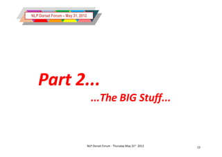 NLP Dorset Forum – May 31, 2012




   Part 2...
                                    ...The BIG Stuff...


                                  NLP Dorset Forum - Thursday May 31st 2012   13
 