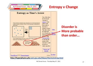 NLP Dorset Forum – May 31, 2012
                                                          Entropy v Change



                                                                                 Disorder is
                                                                                 More probable
                                                                                 than order...




http://hyperphysics.phy-astr.gsu.edu/hbase/therm/entrop.html
                                     NLP Dorset Forum - Thursday May 31st 2012               17
 