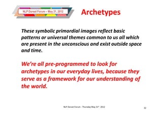 NLP Dorset Forum – May 31, 2012
                                                   Archetypes

These symbolic primordial images reflect basic
patterns or universal themes common to us all which
are present in the unconscious and exist outside space
and time.

We’re all pre-programmed to look for
          pre-
archetypes in our everyday lives, because they
serve as a framework for our understanding of
the world.


                                  NLP Dorset Forum - Thursday May 31st 2012   32
 