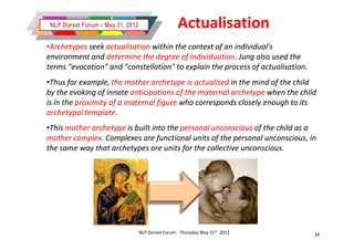 NLP Dorset Forum – May 31, 2012                    Actualisation
•Archetypes seek actualisation within the context of an individual's
environment and determine the degree of individuation. Jung also used the
                                           individuation.
terms "evocation" and "constellation" to explain the process of actualisation.
•Thus for example, the mother archetype is actualised in the mind of the child
by the evoking of innate anticipations of the maternal archetype when the child
is in the proximity of a maternal figure who corresponds closely enough to its
archetypal template.
             template.
•This mother archetype is built into the personal unconscious of the child as a
mother complex. Complexes are functional units of the personal unconscious, in
       complex.
the same way that archetypes are units for the collective unconscious.




                                   NLP Dorset Forum - Thursday May 31st 2012     34
 