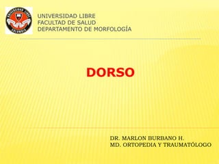 DORSO
UNIVERSIDAD LIBRE
FACULTAD DE SALUD
DEPARTAMENTO DE MORFOLOGÍA
DR. MARLON BURBANO H.
MD. ORTOPEDIA Y TRAUMATÓLOGO
 