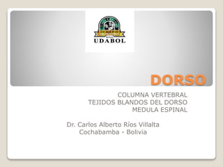 DORSO
COLUMNA VERTEBRAL
TEJIDOS BLANDOS DEL DORSO
MEDULA ESPINAL
Dr. Carlos Alberto Ríos Villalta
Cochabamba - Bolivia
 