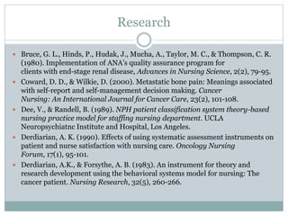 Research
 Bruce, G. L., Hinds, P., Hudak, J., Mucha, A., Taylor, M. C., & Thompson, C. R.
(1980). Implementation of ANA’s quality assurance program for
clients with end-stage renal disease, Advances in Nursing Science, 2(2), 79-95.
 Coward, D. D., & Wilkie, D. (2000). Metastatic bone pain: Meanings associated
with self-report and self-management decision making. Cancer
Nursing: An International Journal for Cancer Care, 23(2), 101-108.
 Dee, V., & Randell, B. (1989). NPH patient classification system theory-based
nursing practice model for staffing nursing department. UCLA
Neuropsychiatnc Institute and Hospital, Los Angeles.
 Derdiarian, A. K. (1990). Effects of using systematic assessment instruments on
patient and nurse satisfaction with nursing care. Oncology Nursing
Forum, 17(1), 95-101.
 Derdiarian, A.K., & Forsythe, A. B. (1983). An instrument for theory and
research development using the behavioral systems model for nursing: The
cancer patient. Nursing Research, 32(5), 260-266.
 