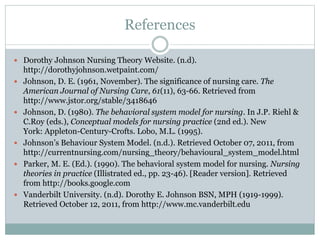References
 Dorothy Johnson Nursing Theory Website. (n.d).
http://dorothyjohnson.wetpaint.com/
 Johnson, D. E. (1961, November). The significance of nursing care. The
American Journal of Nursing Care, 61(11), 63-66. Retrieved from
http://www.jstor.org/stable/3418646
 Johnson, D. (1980). The behavioral system model for nursing. In J.P. Riehl &
C.Roy (eds.), Conceptual models for nursing practice (2nd ed.). New
York: Appleton-Century-Crofts. Lobo, M.L. (1995).
 Johnson’s Behaviour System Model. (n.d.). Retrieved October 07, 2011, from
http://currentnursing.com/nursing_theory/behavioural_system_model.html
 Parker, M. E. (Ed.). (1990). The behavioral system model for nursing. Nursing
theories in practice (Illistrated ed., pp. 23-46). [Reader version]. Retrieved
from http://books.google.com
 Vanderbilt University. (n.d). Dorothy E. Johnson BSN, MPH (1919-1999).
Retrieved October 12, 2011, from http://www.mc.vanderbilt.edu
 