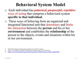 Behavioral System Model
o Each individual has patterned, purposeful, repetitive
ways of acting that comprise a behavioral system
specific to that individual.
o These ways of behaving form an organized and
integrated functional unit that determines and limits
the interaction between the person and his or her
environment and establishes the relationship of the
person to the objects, events and situations within his
or her environment.
 Martha Raile Alligood: Nursing Theorist and their work. (8th ed.). Elsevier.
 Tomey, A. & Alligood, M. (2002). Nursing theorists and their work. (5th ed.). Mosby Inc.
 https://www.currentnursing.com/nursing_theory/behavioural_system_model.html
4/22/2021 11
 