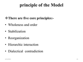 principle of the Model
There are five core principles:-
• Wholeness and order
• Stabilization
• Reorganization
• Hierarchic interaction
• Dialectical contradiction
4/22/2021 25
 