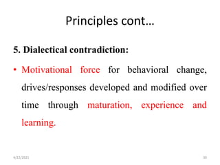 Principles cont…
5. Dialectical contradiction:
• Motivational force for behavioral change,
drives/responses developed and modified over
time through maturation, experience and
learning.
4/22/2021 30
 