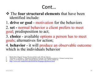 Cont…
 The four structural elements that have been
identified include:
1. drive or goal - motivation for the behaviors
2. set - normal behavior a client prefers to meet
goal; predisposition to act;
3. choice - available options a person has to meet
goals; alternatives for action;
4. behavior - it will produce an observable outcome
which is the individuals behavior
 Martha Raile Alligood: Nursing Theorist and their work. (8th ed.). Elsevier.
 Octaviano, E. & Balita, C. Theoretical foundation of Nursing: The Philippine perspective. Ultimate Learning Series
 Tomey, A. & Alligood, M. (2002). Nursing theorists and their work. (5th ed.). Mosby Inc.
 http://www.mc.vanderbilt.edu/biolib/hc/biopages/djohnson.html
4/22/2021 39
 