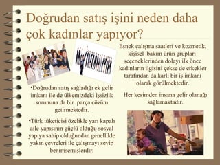 Doğrudan satış işini neden daha
çok kadınlar yapıyor?
Esnek çalışma saatleri ve kozmetik,
kişisel bakım ürün grupları
seçeneklerinden dolayı ilk önce
kadınların ilgisini çekse de erkekler
tarafından da karlı bir iş imkanı
olarak görülmektedir.
Her kesimden insana gelir olanağı
sağlamaktadır.
•Doğrudan satış sağladığı ek gelir
imkanı ile de ülkemizdeki işsizlik
sorununa da bir parça çözüm
getirmektedir.
•Türk tüketicisi özelikle yarı kapalı
aile yapısının güçlü olduğu sosyal
yapıya sahip olduğundan genellikle
yakın çevreleri ile çalışmayı sevip
benimsemişlerdir.
 