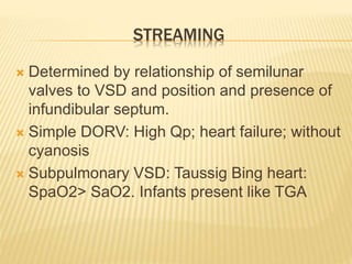 STREAMING
 Determined by relationship of semilunar
valves to VSD and position and presence of
infundibular septum.
 Simple DORV: High Qp; heart failure; without
cyanosis
 Subpulmonary VSD: Taussig Bing heart:
SpaO2> SaO2. Infants present like TGA
 