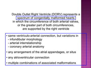 Guideline DORV
Definition
Double Outlet Right Ventricle (DORV) represents a
spectrum of congenitally malformed hearts
in which the circumference of both arterial valves,
or the greater part of both circumferences,
are supported by the right ventricle
• same ventriculo-arterial connection, but variations in
- infundibular morphology
- arterial interrelationship
- coronary arterial anatomy
• any arrangement of the atrial appendages, or situs
• any atrioventricular connection
• multiple combinations of associated malformations
 