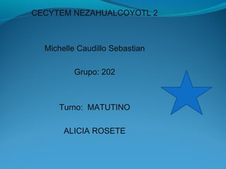 CECYTEM NEZAHUALCOYOTL 2
Michelle Caudillo Sebastian
Grupo: 202
Turno: MATUTINO
ALICIA ROSETE
 