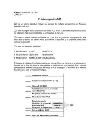 NOMBRES: Israel Coba, Luis Tierra
CURSO: 6 “F”

El sistema operativo DOS.
DOS es un sistema operativo modular que consiste de múltiples componentes con funciones
especiales cada uno.
DOS está muy ligado con la arquitectura de la IBM-PC y en las PCs basadas en procesador 8086,
por esta razón DOS únicamente trabaja en un megabyte de memoria.
DOS no es un sistema operativo multitareas, por lo que si un programa crea un programa hijo, éste
tendrá todo el control del sistema hasta que termine su ejecución, y el programa padre pueda
continuar su ejecución.
DOS tiene tres elementos principales:
1. MS-DOS BIOS IO.SYS

IBMBIO.COM

2. MS-DOS Kernel MSDOS.SYS

IBMDOS.COM

3. MS-DOS Shell

COMMAND.COM COMMAND.COM

En la etapa de inicialización del sistema se cargan estos archivos a la memoria en el orden anterior,
después que la tabla del vector de interrupciones se ha inicializado en la memoria. Los 3 módulos
permanecen en memoria hasta que se reinicializa la PC o se apague. La estructura de la memoria
de una maquina DOS se muestra en la figura.

 