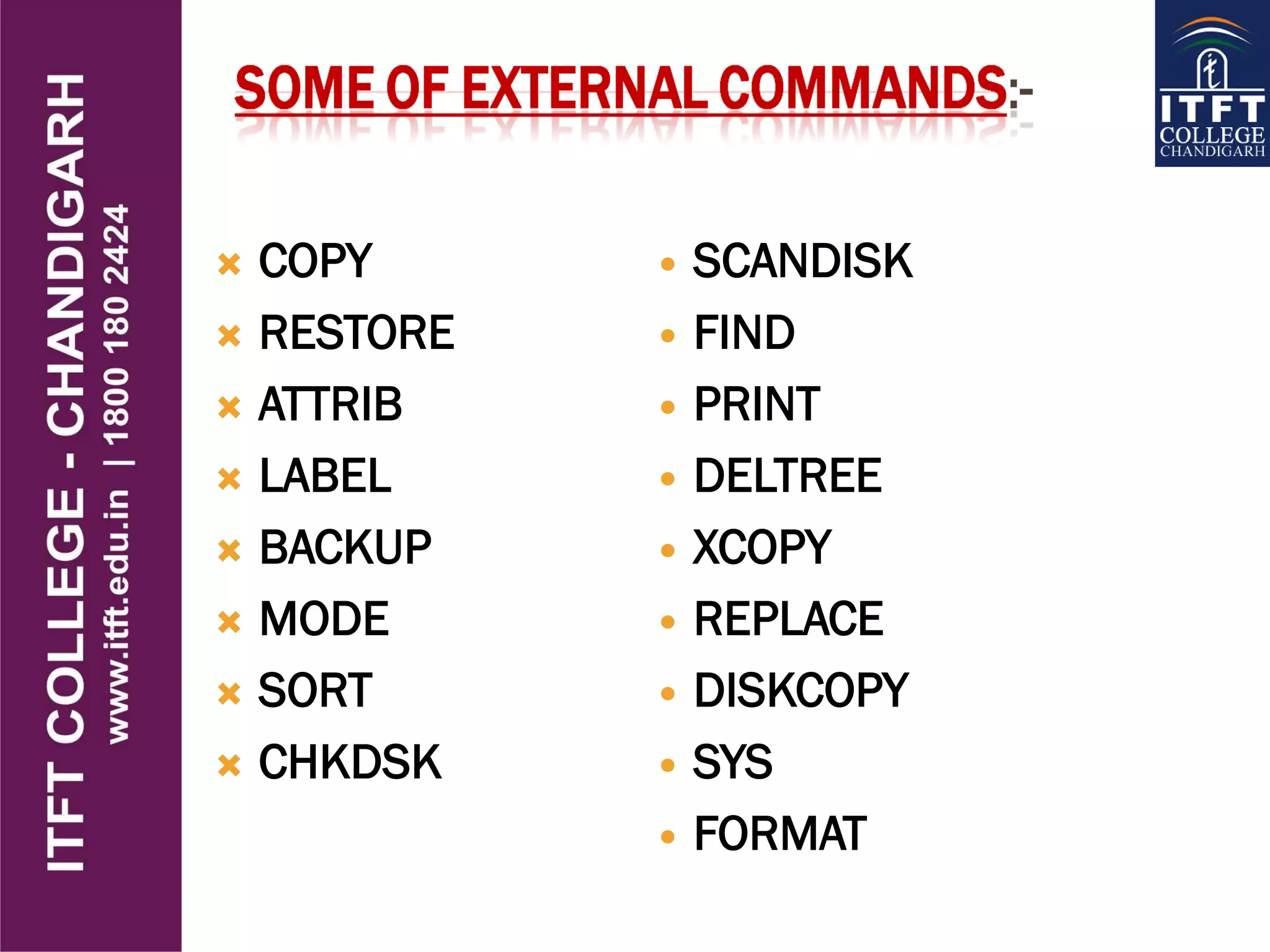  COPY
 RESTORE
 ATTRIB
 LABEL
 BACKUP
 MODE
 SORT
 CHKDSK
 SCANDISK
 FIND
 PRINT
 DELTREE
 XCOPY
 REPLACE
 DISKCOPY
 SYS
 FORMAT
 