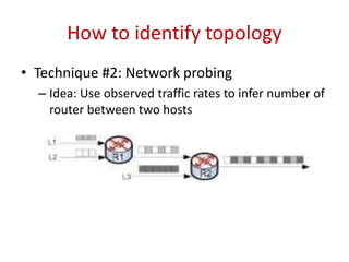 2.1 Topology Identification
• This inaccurate view is not a problem for us, since we are only interested in
determining if we have enough critical mass in a router’s subnet to launch an
attack
• Send traffic at its maximum interface speed during probing, the load to the
network could be very high
• To minimize impact, we limit the probing length (the time to continuously send
packets from a host) and also to account for network latency
• The more hosts, the longer the probe length needs to be to maintain good
resolution
• This technique described above only works well when all the links have the same
capacity (1Gbps)
• But some links may have higher uplinks (10Gbps) then this method will identify
this link as a normal link but its latency time is very less, hence this link will not
be favourable as a bottleneck
 