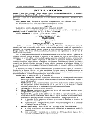 (Primera Sección-Vespertina) DIARIO OFICIAL Lunes 11 de agosto de 2014 
SECRETARIA DE ENERGIA 
DECRETO por el que se expid...
