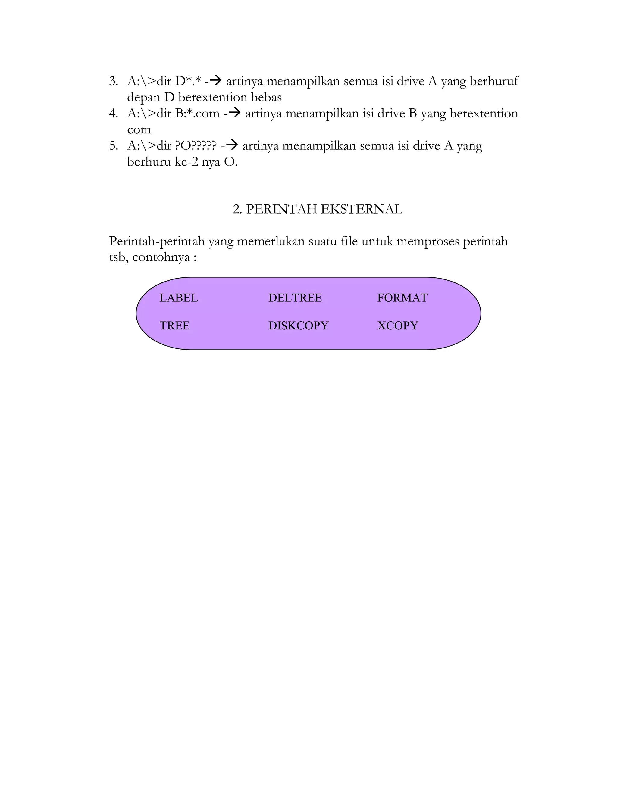 3. A:>dir D*.* - artinya menampilkan semua isi drive A yang berhuruf depan D berextention bebas 
4. A:>dir B:*.com - artinya menampilkan isi drive B yang berextention com 
5. A:>dir ?O????? - artinya menampilkan semua isi drive A yang berhuru ke-2 nya O. 
2. PERINTAH EKSTERNAL 
Perintah-perintah yang memerlukan suatu file untuk memproses perintah tsb, contohnya : 
LABEL DELTREE FORMAT 
TREE DISKCOPY XCOPY 