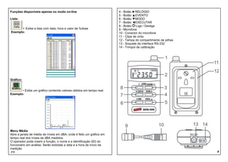 Funções disponíveis apenas no modo on-line                            4 - Botão ►RELÓGIO
                                                                      5 - Botão ▲EVENTO
Lista:                                                                6 - Botão ▼MODO
                                                                      7 - Botão ◄EXECUTAR
                                                                      8 - Botão    Liga / Desliga
.         • Exibe a lista com data, hora e valor de %dose             9 - Microfone
    Exemplo:                                                          10 - Conector do microfone
                                                                      11 - Clipe de cinto
                                                                      12 - Tampa do compartimento de pilhas
                                                                      13 - Soquete da interface RS-232
                                                                      14 - Trimpot de calibração




                           .
Gráfico:


       • Exibe um gráfico contendo valores obtidos em tempo real.
Exemplo:




Menu Média
Abre a janela de média de níveis em dBA, onde é feito um gráfico em
tempo real dos níveis de dBA medidos.
O operador pode inserir a função, o nome e a identificação (ID) do
funcionário em análise. Serão exibidas a data e a hora de início da
medição
23                                                                                                            4
 