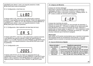 ▲EVENTO para alterar o valor e em seguida pressione o botão               13. Limpeza de Memória
►RELÓGIO para mudar de parâmetro.
                                                                          Limpeza da memória datalogger
8.1.2. Configurando o nível limiar (Lt)                                   Para limpar a memória de dados de pressão sonora instantânea
                                                                          (datalogger), desligue o instrumento, pressione e segure o botão
                                                                          ◄EXECUTAR e ligue o instrumento novamente. O display exibirá “E-
                                                                          EP” e todos os dados da memória serão apagados.


O display exibe Lt XX, onde XX é o valor selecionado e aparece
piscando, o que significa que pode ser alterado. Podem ser selecionados
os valores de 70 ~ 90dB, de 1 em 1dB. Pressione as teclas ▼MODO ou
▲EVENTO para alterar o valor e em seguida pressione o botão               Limpeza das memórias de evento
►RELÓGIO para mudar de parâmetro.                                         Quando um evento está ocupado por uma gravação de dosimetria, o
                                                                          indicador do evento (E1 ~ E5) pisca no display ao ser selecionado pela
8.1.3. Configurando o fator duplicativo de dose (taxa de troca)           tecla ▲EVENTO. Para limpar as memórias de evento, selecione o
                                                                          evento onde se deseja apagar os registros (E1 ~ E5) e pressione o botão
                                                                          REDEFINIR por cinco segundos. O indicador de evento (E1 ~ E5) pára
                                                                          de piscar indicando que a memória foi apagada.

                                                                          Observação
                                                                          Após utilizar os 05 eventos recomendamos que a memória do dosímetro
O display exibe ER X, onde X é o valor selecionado e aparece piscando,
                                                                          seja apagada através do procedimento acima descrito, e que seja
o que significa que pode ser alterado. Podem ser selecionados os
                                                                          apagado todos os eventos no dosímetro através da tecla redefinir.
valores 3, 4, 5 ou 6dB. Pressione as teclas ▼MODO ou ▲EVENTO para
alterar o valor e em seguida pressione a tecla ►RELÓGIO para mudar
de parâmetro.                                                             14. Guia de Referência Rápida

8.1.4. Configurando o ano                                                   Nome do botão                  Seqüência operacional
                                                                             Liga / Desliga    Liga    Pressionado 3 seg. (3-2-1-0) Desliga
                                                                                MODO                       DBA %DOSE TIME
                                                                               EVENTO         %DOSE E1 E2 E3 E4 E5 %DOSE
                                                                              EXECUTAR        Inicia a dosimetria PAUSA 4 seg. finaliza
                                                                              EXECUTAR        No modo dBA inicia MEM interrompe MEM
O display exibe XX XX. Os dois dígitos da esquerda devem ser                   RELÓGIO              Mês / Dia Hora / Minuto Mês / Dia
configurados primeiro. Pressione as teclas ▼MODO ou ▲EVENTO para
alterar o valor e pressione a tecla ►RELÓGIO para mudar para os dois
dígitos da direita. Pressione as teclas ▼MODO ou ▲EVENTO para
7                                                                                                                                             20
 