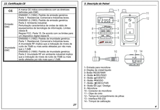 5. Descrição do Painel
1- Entrada para microfone
2- Display de cristal líquido
3- Botão REDEFINIR
4 - Botão ►RELÓGIO
5 - Botão ▲EVENTO
6 - Botão ▼MODO
7 - Botão ◄EXECUTAR
8 - Botão Liga / Desliga
9 - Microfone
10 - Conector do microfone
11 - Clipe de cinto
12 - Tampa do compartimento de pilhas
13 - Interface RS-232
14 - Trimpot de calibração
4
22. Certificação CE
A marca CE indica concordância com as diretrizes
definidas pelo EMC.
Emissão
EMC
EN50081-1 (1992): Padrão de emissão genérica.
Parte 1: Residencial, Comercial e Indústrias leves.
EN50081-2 (1993): Padrão de emissão genérica.
Parte 2: Ambiente industrial.
Perturbação característica de ondas de rádio de
equipamentos de tecnologia de informação. Limites
classe B.
Regras FCC, Parte 15: De acordo com os limites para
um dispositivo digital classe B.
Imunidade
EMC
EN50082-1 (1992): Padrão de imunidade genérica.
Parte 1: Residencial, Comercial e Indústrias leves.
A imunidade RF implica que a indicação de níveis de
ruído de 70dB ou mais serão afetadas por não mais
que ± 1,5dB
EN50082-2 (1995): Padrão de imunidade genérica.
Parte 2: Imunidade RF em ambiente industrial implica
que a indicação de níveis de ruído de 70dB ou mais
serão afetados por não mais que ± 1,5dB.
27
5. Descrição do Painel
1- Entrada para microfone
2- Display de cristal líquido
3- Botão REDEFINIR
4 - Botão ►RELÓGIO
5 - Botão ▲EVENTO
6 - Botão ▼MODO
7 - Botão ◄EXECUTAR
8 - Botão Liga / Desliga
9 - Microfone
10 - Conector do microfone
11 - Clipe de cinto
12 - Tampa do compartimento de pilhas
13 - Interface RS-232
14 - Trimpot de calibração
4
22. Certificação CE
A marca CE indica concordância com as diretrizes
definidas pelo EMC.
Emissão
EMC
EN50081-1 (1992): Padrão de emissão genérica.
Parte 1: Residencial, Comercial e Indústrias leves.
EN50081-2 (1993): Padrão de emissão genérica.
Parte 2: Ambiente industrial.
Perturbação característica de ondas de rádio de
equipamentos de tecnologia de informação. Limites
classe B.
Regras FCC, Parte 15: De acordo com os limites para
um dispositivo digital classe B.
Imunidade
EMC
EN50082-1 (1992): Padrão de imunidade genérica.
Parte 1: Residencial, Comercial e Indústrias leves.
A imunidade RF implica que a indicação de níveis de
ruído de 70dB ou mais serão afetadas por não mais
que ± 1,5dB
EN50082-2 (1995): Padrão de imunidade genérica.
Parte 2: Imunidade RF em ambiente industrial implica
que a indicação de níveis de ruído de 70dB ou mais
serão afetados por não mais que ± 1,5dB.
27
 
