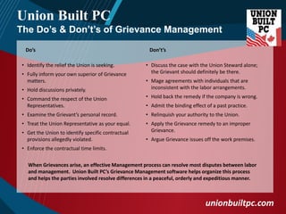 Union Built PC
The Do’s & Don’t’s of Grievance Management
Do’s
• Identify the relief the Union is seeking.
• Fully inform your own superior of Grievance
matters.
• Hold discussions privately.

Don’t’s
• Discuss the case with the Union Steward alone;
the Grievant should definitely be there.
• Mage agreements with individuals that are
inconsistent with the labor arrangements.

• Command the respect of the Union
Representatives.

• Hold back the remedy if the company is wrong.

• Examine the Grievant’s personal record.

• Relinquish your authority to the Union.

• Treat the Union Representative as your equal.

• Apply the Grievance remedy to an improper
Grievance.

• Get the Union to identify specific contractual
provisions allegedly violated.

• Admit the binding effect of a past practice.

• Argue Grievance issues off the work premises.

• Enforce the contractual time limits.
When Grievances arise, an effective Management process can resolve most disputes between labor
and management. Union Built PC’s Grievance Management software helps organize this process
and helps the parties involved resolve differences in a peaceful, orderly and expeditious manner.

unionbuiltpc.com
unionbuiltpc.com

 