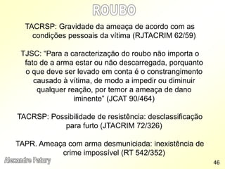 TACRSP: Gravidade da ameaça de acordo com as
condições pessoais da vítima (RJTACRIM 62/59)
TJSC: “Para a caracterização do roubo não importa o
fato de a arma estar ou não descarregada, porquanto
o que deve ser levado em conta é o constrangimento
causado à vítima, de modo a impedir ou diminuir
qualquer reação, por temor a ameaça de dano
iminente” (JCAT 90/464)
TACRSP: Possibilidade de resistência: desclassificação
para furto (JTACRIM 72/326)
TAPR. Ameaça com arma desmuniciada: inexistência de
crime impossível (RT 542/352)
46
 