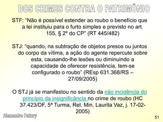 STF: “Não é possível estender ao roubo o benefício que
a lei instituiu para o furto simples e previsto no art.
155, § 2º do CP” (RT 445/482)
STJ: “quando, na subtração de objetos presos ou juntos
do corpo da vítima, a ação do agente repercute sobre
esta, causando-lhe lesões ou diminuindo a
capacidade de oferecer resistência, tem-se
configurado o roubo” (REsp 631.368/RS –
27/09/2005)
O STJ já se manifestou no sentido da não incidência do
princípio da insignificância no crime de roubo (HC
37.423/DF, 5ª Turma, Rel. Min. Laurita Vaz, j. 17-02-
2005)
51
 