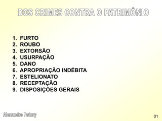 1. FURTO
2. ROUBO
3. EXTORSÃO
4. USURPAÇÃO
5. DANO
6. APROPRIAÇÃO INDÉBITA
7. ESTELIONATO
8. RECEPTAÇÃO
9. DISPOSIÇÕES GERAIS
01
 