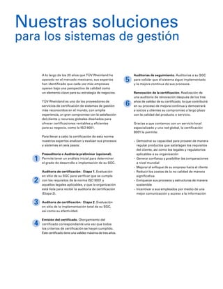 A lo largo de los 20 años que TÜV Rheinland ha
operado en el mercado mexicano, sus expertos
han identificado que cada vez más empresas
operan bajo una perspectiva de calidad como
un elemento clave para su estrategia de negocios.
TÜV Rheinland es uno de los proveedores de
servicios de certificación de sistemas de gestión
más reconocidos en el mundo, con amplia
experiencia, un gran compromiso con la satisfacción
del cliente y recursos globales diseñados para
ofrecer certificaciones rentables y eficientes
para su negocio, como la ISO 9001.
Para llevar a cabo la certificación de esta norma
nuestros expertos analizan y evalúan sus procesos
y sistemas en seis pasos:
Preauditoría o Auditoría preliminar (opcional).
Permite tener un análisis inicial para determinar
el grado de desarrollo e implantación de su SGC.
Auditoría de certificación - Etapa 1. Evaluación
en sitio de su SGC para verificar que se cumpla
con los requisitos de la norma ISO 9001 y
aquellos legales aplicables, y que la organización
está lista para recibir la auditoría de certificación
(Etapa 2).
Auditoría de certificación - Etapa 2. Evaluación
en sitio de la implementación total de su SGC,
así como su efectividad.
Emisión del certificado. Otorgamiento del
certificado correspondiente una vez que todos
los criterios de certificación se hayan cumplido.
Este certificado tiene una validez máxima de tres años.
Nuestras soluciones
para los sistemas de gestión
Auditorías de seguimiento. Auditorías a su SGC
para validar que el sistema sigue implementado
y la mejora continua de sus procesos.
Renovación de la certificación. Realización de
una auditoría de renovación después de los tres
años de validez de su certificado, lo que contribuirá
en su proceso de mejora continua y demostrará
a socios y clientes su compromiso a largo plazo
con la calidad del producto o servicio.
Gracias a que contamos con un servicio local
especializado y una red global, la certificación
9001 le permite:
-	 Demostrar su capacidad para proveer de manera
regular productos que satisfagan los requisitos
del cliente, así como los legales y regulatorios
aplicables a su organización
-	 Generar confianza y posibilitar las comparaciones
a nivel mundial
-	 Mejorar el enfoque de su empresa hacia el cliente
-	 Reducir los costos de la no calidad de manera
significativa
-	 Enriquecer sus procesos y estructuras de manera
sostenible
-	 Incentivar a sus empleados por medio de una
mejor comunicación y acceso a la información
1
2
3
4
5
6
 