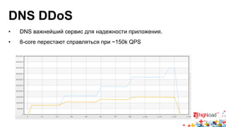 DNS DDoS 
• DNS важнейший сервис для надежности приложения. 
• 8-core перестают справляться при ~150k QPS 
 