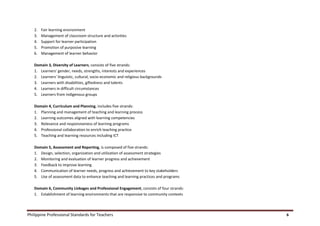 Philippine Professional Standards for Teachers 6
2. Fair learning environment
3. Management of classroom structure and activities
4. Support for learner participation
5. Promotion of purposive learning
6. Management of learner behavior
Domain 3, Diversity of Learners, consists of five strands:
1. Learners’ gender, needs, strengths, interests and experiences
2. Learners’ linguistic, cultural, socio-economic and religious backgrounds
3. Learners with disabilities, giftedness and talents
4. Learners in difficult circumstances
5. Learners from indigenous groups
Domain 4, Curriculum and Planning, includes five strands:
1. Planning and management of teaching and learning process
2. Learning outcomes aligned with learning competencies
3. Relevance and responsiveness of learning programs
4. Professional collaboration to enrich teaching practice
5. Teaching and learning resources including ICT
Domain 5, Assessment and Reporting, is composed of five strands:
1. Design, selection, organization and utilization of assessment strategies
2. Monitoring and evaluation of learner progress and achievement
3. Feedback to improve learning
4. Communication of learner needs, progress and achievement to key stakeholders
5. Use of assessment data to enhance teaching and learning practices and programs
Domain 6, Community Linkages and Professional Engagement, consists of four strands:
1. Establishment of learning environments that are responsive to community contexts
 