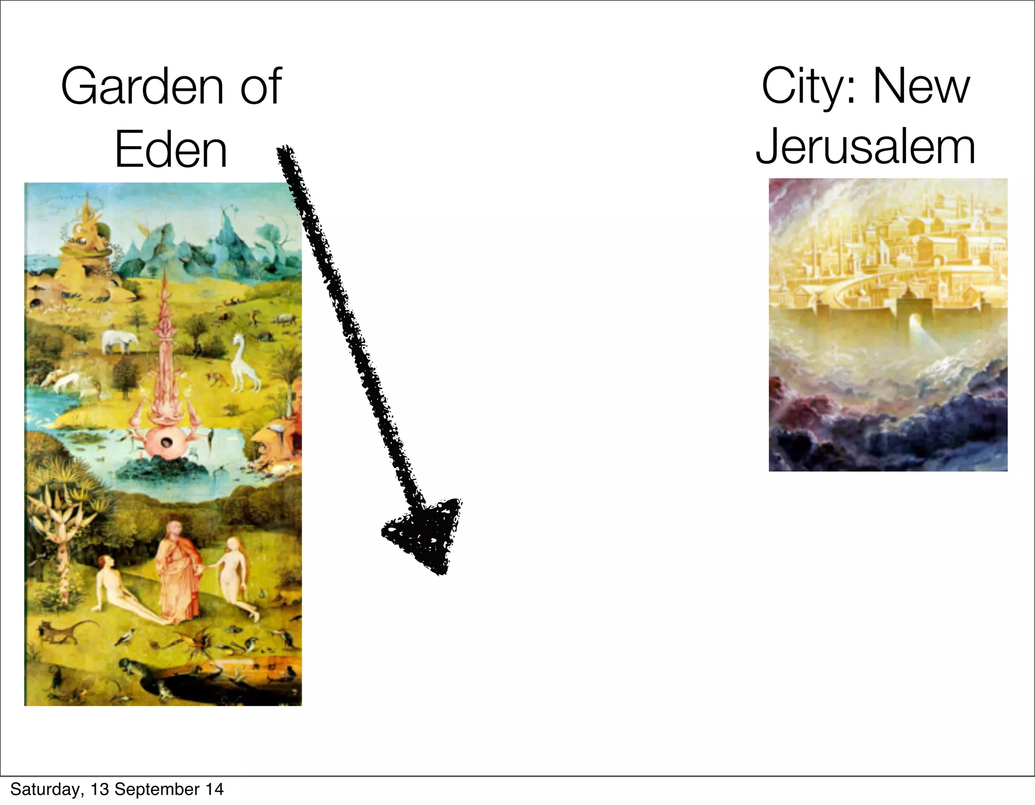 Garden of 
Eden 
City: New 
Jerusalem 
Saturday, 13 September 14 
 