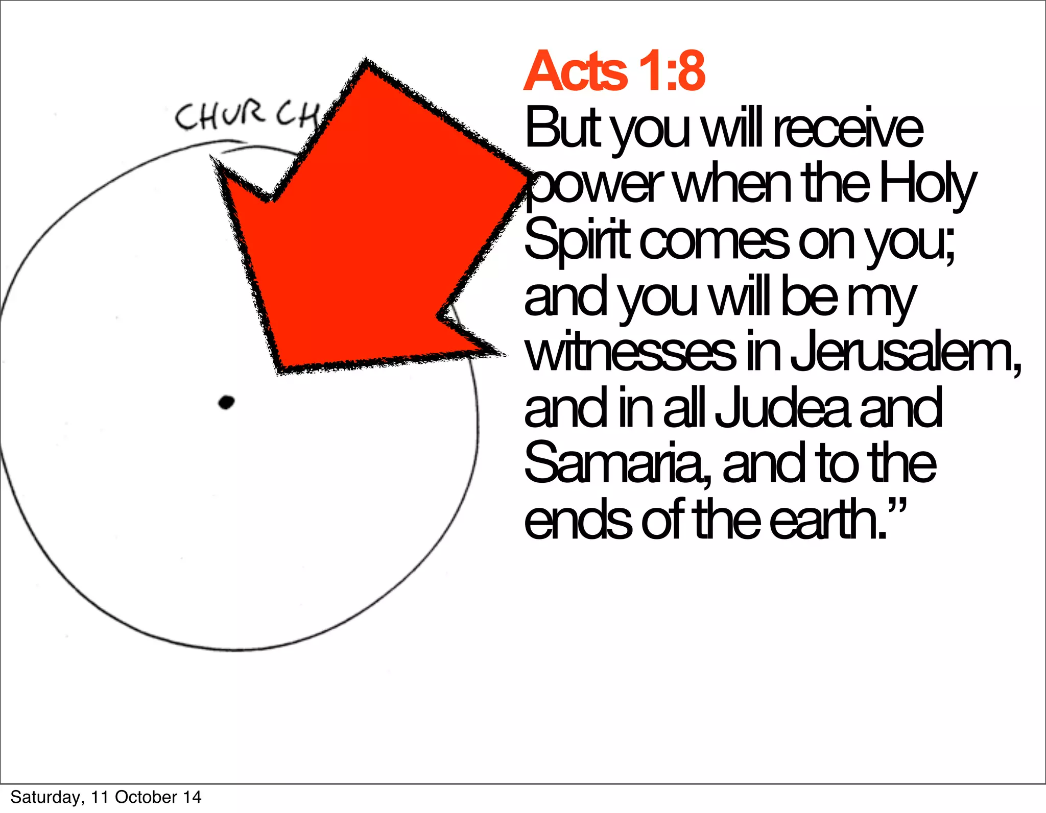 Acts 1:8 
But you will receive 
power when the Holy 
Spirit comes on you; 
and you will be my 
witnesses in Jerusalem, 
and in all Judea and 
Samaria, and to the 
ends of the earth.” 
Saturday, 11 October 14 
 