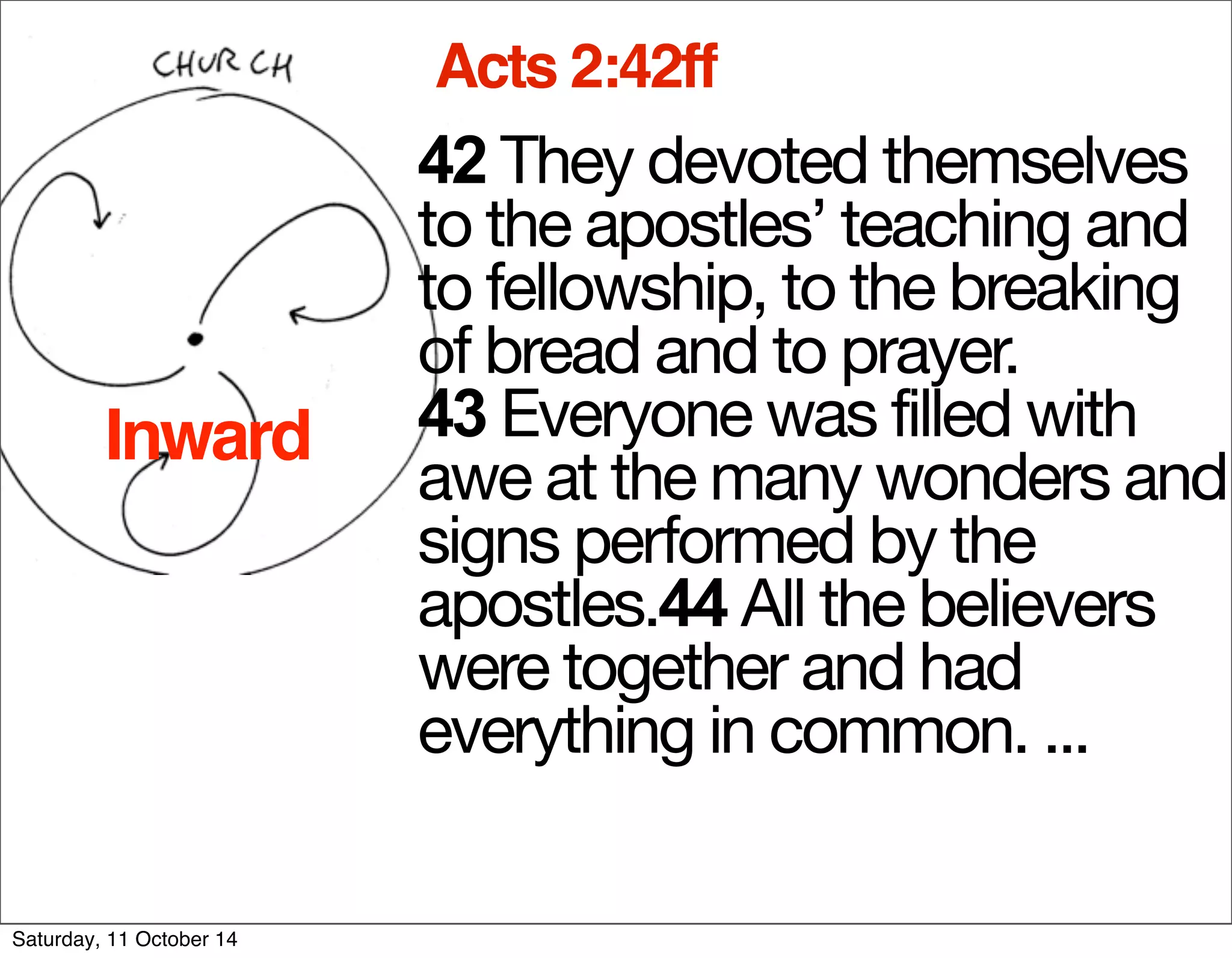 Acts 2:42ff 
42 The y devoted themselves 
to the apostles’ teaching and 
to fellowship, to the breaking 
of bread and to prayer. 
43 Everyone was filled with 
awe at the many wonders and 
signs performed by the 
apostles.44 All the believers 
were together and had 
everything in common. ... 
Inward 
Saturday, 11 October 14 
 