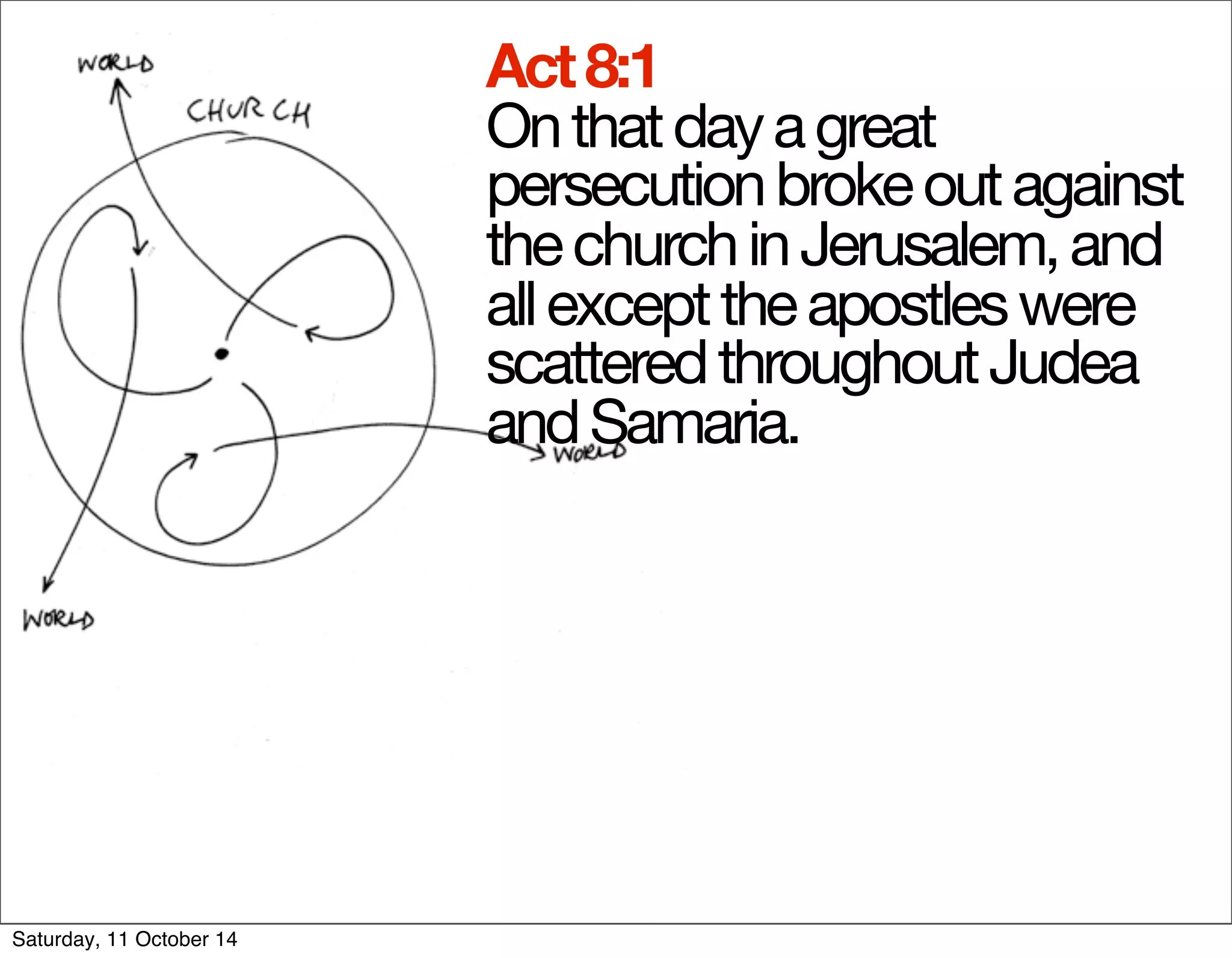 Act 8:1 
On that day a great 
persecution broke out against 
the church in Jerusalem, and 
all except the apostles were 
scattered throughout Judea 
and Samaria. 
Saturday, 11 October 14 
 