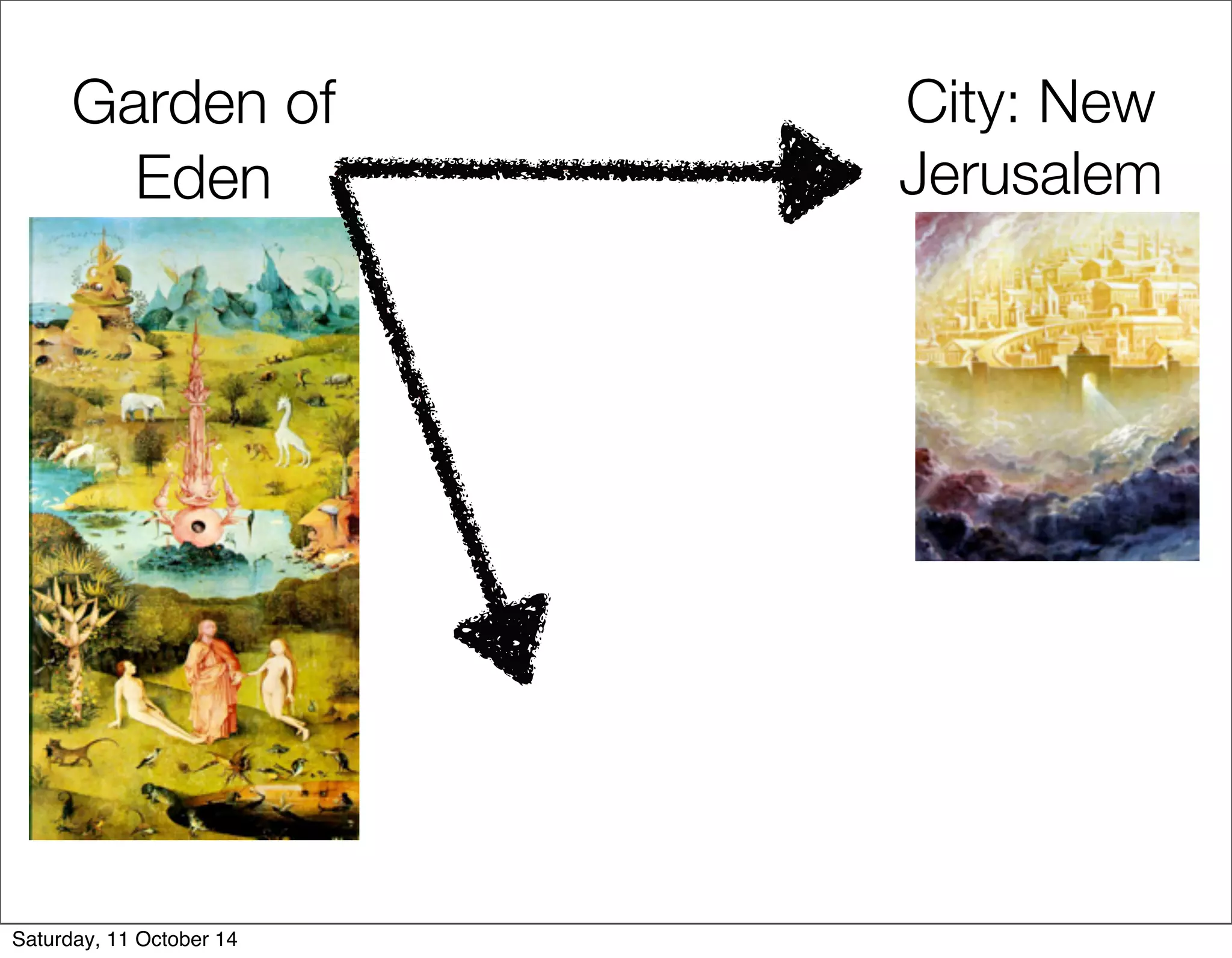 Garden of 
Eden 
City: New 
Jerusalem 
Saturday, 11 October 14 
 