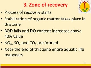 3. Zone of recovery
• Process of recovery starts
• Stabilization of organic matter takes place in
this zone
• BOD falls and DO content increases above
40% value
• NO4, SO4 and CO3 are formed.
• Near the end of this zone entire aquatic life
reappears
34
 