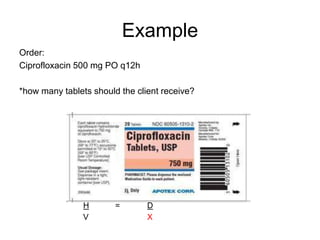 Example
Order:
Ciprofloxacin 500 mg PO q12h

*how many tablets should the client receive?




                H       =       D
                V               X
 