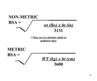 30
NON-METRIC
BSA =
wt (lbs) x ht (in)
3131
METRIC
BSA =
WT (kg) x ht (cm)
3600
**May use to calculate adult or
pediatric dose
 