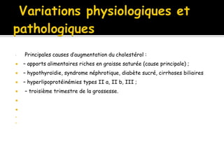 ·

Principales causes d’augmentation du cholestérol :



– apports alimentaires riches en graisse saturée (cause principale) ;



– hypothyroïdie, syndrome néphrotique, diabète sucré, cirrhoses biliaires



– hyperlipoprotéinémies types II a, II b, III ;







– troisième trimestre de la grossesse.

 