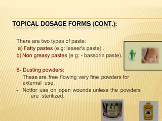 TOPICAL DOSAGE FORMS (CONT.):
There are two types of paste:
a) Fatty pastes (e.g: leaser's paste) .
b) Non greasy pastes (e g: - bassorin paste).
6- Dusting powders:
- These are free flowing very fine powders for
external use.
- Notfor use on open wounds unless the powders
are sterilized.
 