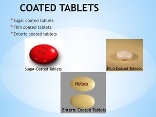 COATED TABLETS
*Sugar coated tablets
*Film coated tablets
*Enteric coated tablets
Sugar-Coated Tablets Film Coated Tablets
Enteric Coated Tablets
 