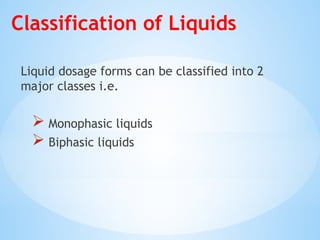 Classification of Liquids
Liquid dosage forms can be classified into 2
major classes i.e.
 Monophasic liquids
 Biphasic liquids
 