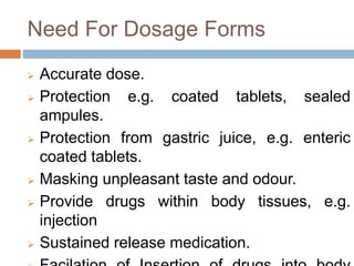 Need For Dosage Forms
 Accurate dose.
 Protection e.g. coated tablets, sealed
ampules.
 Protection from gastric juice, e.g. enteric
coated tablets.
 Masking unpleasant taste and odour.
 Provide drugs within body tissues, e.g.
injection
 Sustained release medication.
 