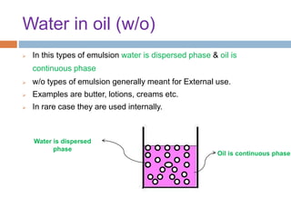 Water in oil (w/o)
 In this types of emulsion water is dispersed phase & oil is
continuous phase
 w/o types of emulsion generally meant for External use.
 Examples are butter, lotions, creams etc.
 In rare case they are used internally.
Water is dispersed
phase
Oil is continuous phase
 