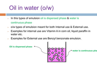Oil in water (o/w)
 In this types of emulsion oil is dispersed phase & water is
continuous phase
 o/w types of emulsion meant for both Internal use & External use.
 Examples for internal use are Vitamin A in corn oil, liquid paraffin in
water etc.
 Examples for External use are Benzyl benzonate emulsion.
Oil is dispersed phase
water is continuous pha
 