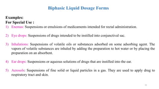 32
Biphasic Liquid Dosage Forms
Examples:
For Special Use :
1) Enemas: Suspensions or emulsions of medicaments intended for rectal administration.
2) Eye drops: Suspensions of drugs intended to be instilled into conjunctival sac.
3) Inhalations: Suspensions of volatile oils or substances adsorbed on some adsorbing agent. The
vapors of volatile substances are inhaled by adding the preparation to hot water or by placing the
preparation on an absorbent.
4) Ear drops: Suspensions or aqueous solutions of drugs that are instilled into the ear.
5) Aerosols: Suspensions of fine solid or liquid particles in a gas. They are used to apply drug to
respiratory tract and skin.
 